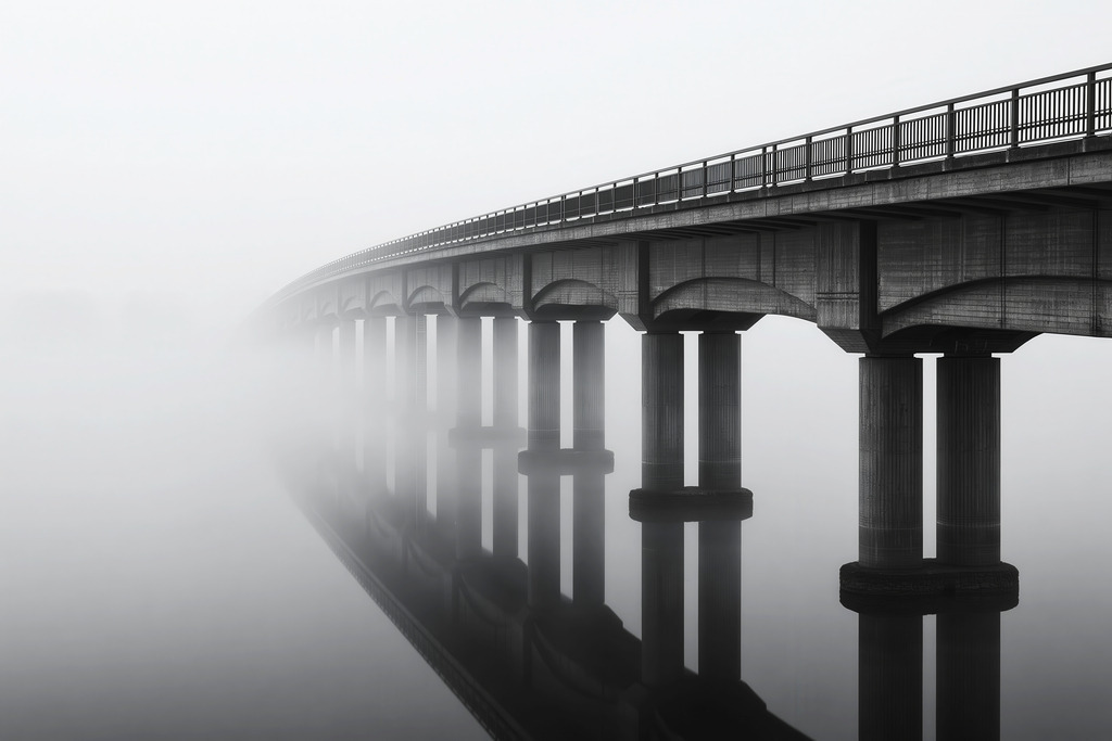 Brücke im Nebel | Mit moderner KI‑generiertes schwarz-weiß Artwork, sorgfältig manuell für den Druck optimiert.