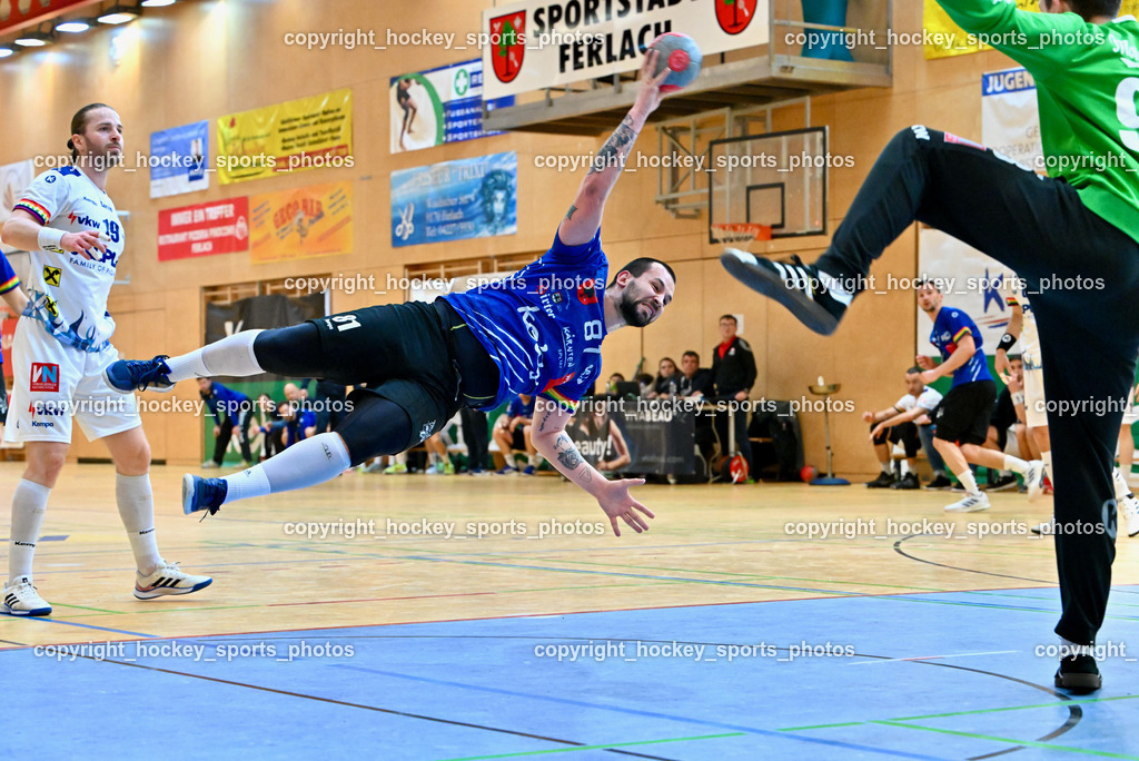 SC Ferlach vs. ALPLA HC Hard 2.3.2024 | #81 MILICEVIC Adrian SC Ferlach, #19 SCHNABL Nico HC Hard, SC Ferlach vs. ALPLA HC Hard 2.3.2024, SC Ferlach vs. ALPLA HC Hard am 02.03.2024 in Ferlach (Ballspielhalle Ferlach), Austria, (Photo by Bernd Stefan)