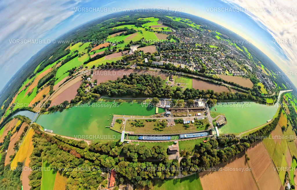 Huenxe250904520 | Luftbild, Schleuse Hünxe am Wesel-Datteln-Kanal, TankSchiffe, Erdkugel, Fisheye Aufnahme, Fischaugen Aufnahme, 360 Grad Aufnahme, tiny world, little planet, fisheye Bild, , Hünxe, Ruhrgebiet, Nordrhein-Westfalen, Deutschland