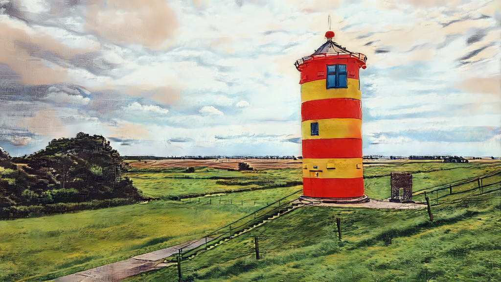 "Between Clouds and Endless Horizons – Pilsum Lighthouse near Greetsiel" | Standing proudly beneath an endless North Sea sky, the iconic Pilsum Lighthouse near Greetsiel brings a vibrant splash of red and yellow to the peaceful East Frisian landscape. Surrounded by lush green meadows and sweeping clouds, its distinctive silhouette captures the charm of Germany’s northern coast. A picturesque meeting of colour, light, and open horizons, where maritime heritage becomes part of a timeless countryside scene. - Realisiert mit Pictrs.com