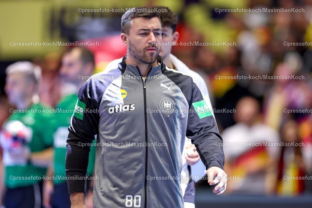 EHF15012602180 | 15.01.2026, Handball, Men's EHF EURO 2026, Deutschland - Österreich, Jyske Bank Boxen in Herning, Dänemark, Preliminary Round:  Jannik Kohlbacher (Germany #80) 