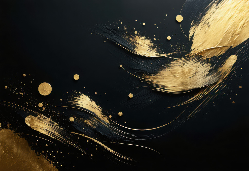 Wandbild - abstrakte Goldkunst | Dieses luxuriöse Wandbild vereint minimalistisches Design mit kraftvoller Ausdrucksstärke. Goldene Pinselstrukturen tanzen dynamisch über tiefes Schwarz und schaffen eine visuelle Balance aus Ruhe und Energie. Die texturierte Wirkung der goldenen Akzente erzeugt Tiefe und Glanz, die dem Raum eine edle, moderne Atmosphäre verleihen. Ideal für Wohnzimmer, Galerien, Eingangsbereiche oder repräsentative Geschäftsräume. KI-generierte Inhalte.