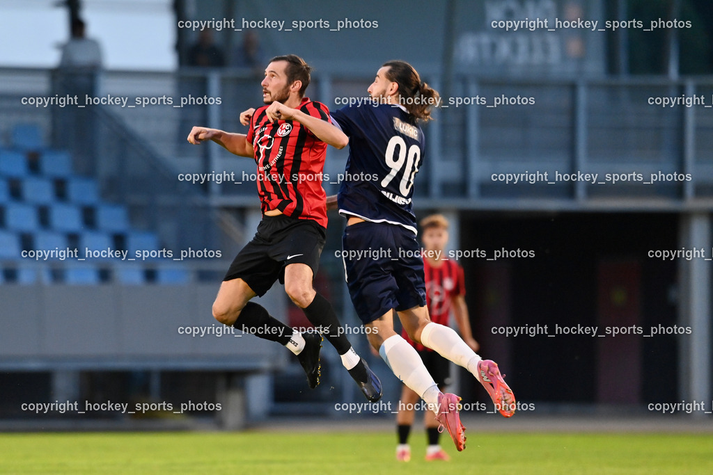 SC St. Veit vs. FC Nussdorf Debant | #9 Dominik Sporer FC Nussdorf Debant, #90 Nemanja Lukic SC St. Veit, SC St. Veit vs. FC Nussdorf Debant, SC St. Veit vs. FC Nussdorf Debant am 22.08.2025 in St. Veit an der Glan (Jacques Lemans Arena), Austria, (Photo by Bernd Stefan)