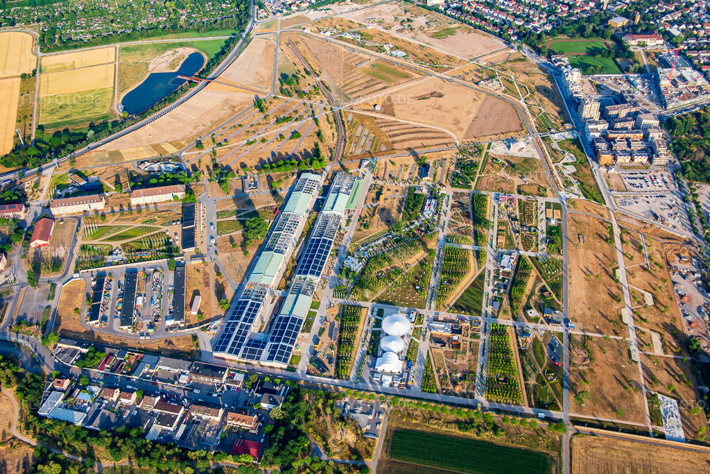 Luftbild: Gesamtüberblick von Nord vom Spinelli-Park der Bundesgartenschau Mannheim BUGA 2023 mit Seilbahn zum Luisenpark https://www.buga23.de/ im Ortsteil Feudenheim in Mannheim im Bundesland Baden-Württemberg in Deutschland. Foto: IMG_136934.jpg vom 24.06.2023 durch Werner Riehm/FLY-FOTO.de