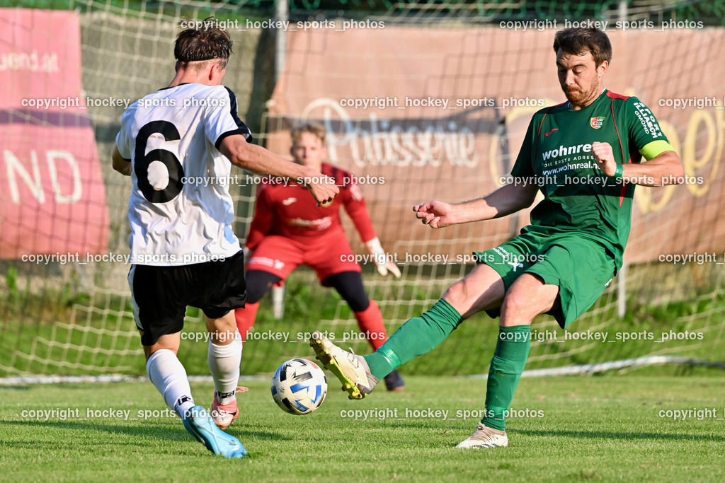 FC Gmünd vs. SV Spittal 1921 | #6 Tristan Brükk SV Spittal, #21 Hannes Sagmeister FC Gmünd, #5 Christian Preiml FC Gmünd, FC Gmünd vs. SV Spittal 1921, FC Gmünd vs. SV Spittal 1921 am 27.08.2024 in Gmünd (Sportplatz Karnerau), Austria, (Photo by Bernd Stefan)