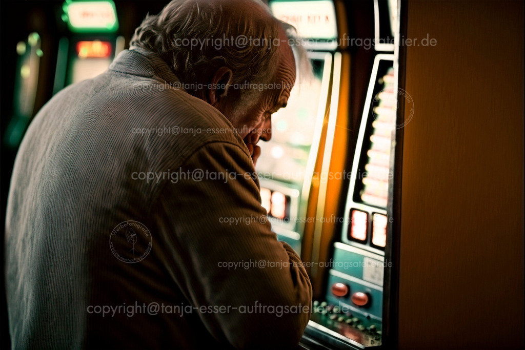 Mann in Spielhalle 2 | Ein älterer trauriger Mann spielt an Glückspielautomaten in einer Spielhalle. Er grübelt und fasst sich ans Kinn. Eine Haarsträhne fällt im ins Gesicht. Generative KI. Farbige Lichter bilden Bokeh im Hintergrund.
