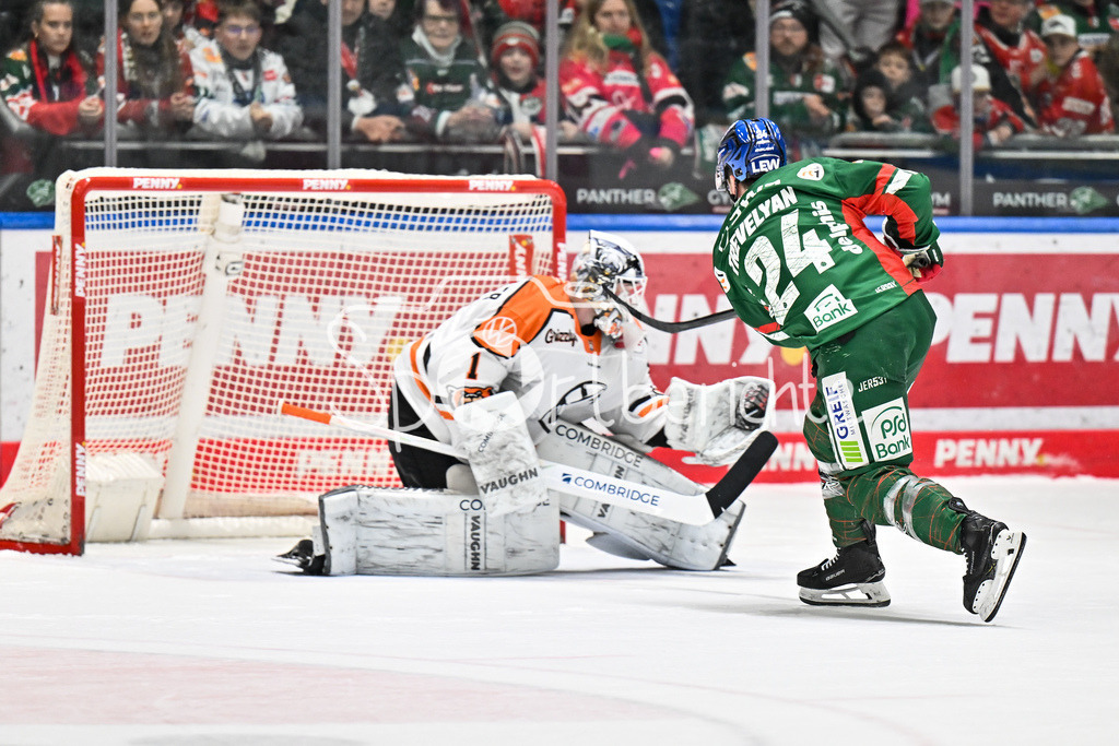 Augsburger Panther - Grizzlys Wolfsburg | AUGSBURG, GERMANY - 15. MARCH: in dieser Szene scheitert T. J. TREVELYAN (Augsburger Panther 24) mit seinem Penalty an Dustin STRAHLMEIER (Grizzlys Wolfsburg 1) während dem Match zwischen den Augsburger Panthern und den Grizzlys Wolfsburg am 52. Spieltag der Penny DEL im Curt Frenzel Stadion