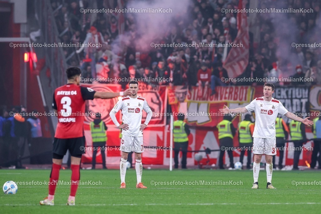 DFB05022502341 | 05.02.2025, Fußball, DFB-Pokal Viertelfinale, Bayer 04 Leverkusen - 1.FC Köln, BayArena, Saison 2024 2025: Dominique Heintz (FC Köln #3) gestikulierendDFB regulations prohibit any use of photographs as image sequences and or quasi-video.