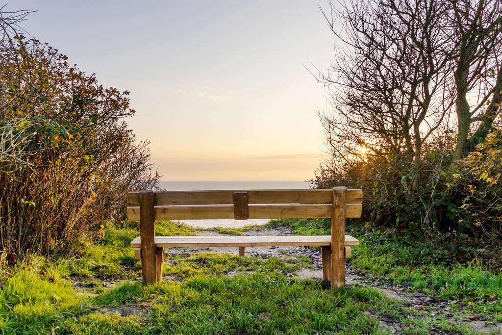 Wandbild: Steilküste an der Steilküste in Kleinwaabs | Dieses Wandbild im Querformat zeigt eine Bank direkt an der Steilküste in Kleinwaabs am Morgen. Hinter der Bank ist das Meer zu erahnen. Durch die morgendliche Lichtstimmung ist der Horizont leicht rötlich.  - Realisiert mit Pictrs.com