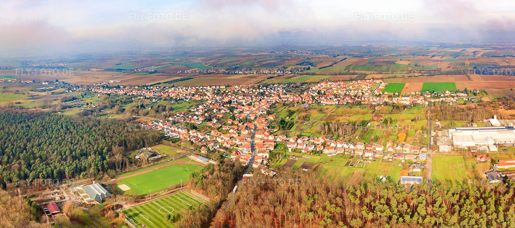 Luftbild: Panorama der Dorfansicht aus Südosten im Ortsteil Schaidt in Wörth im Bundesland Rheinland-Pfalz in Deutschland. Foto: IMG_35619-Pano.jpg vom 20.11.2010 durch Werner Riehm/FLY-FOTO.deAuflösung des Originals: 6885 x 3054 px