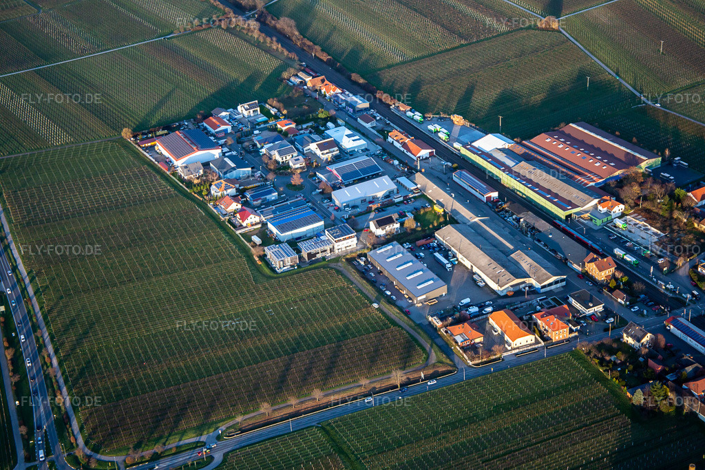 Luftbild: Industriegebiet an der Schafweide in Kirrweiler im Bundesland Rheinland-Pfalz in Deutschland. Foto: IMG_135865.jpg vom 18.01.2023 durch Werner Riehm/FLY-FOTO.de