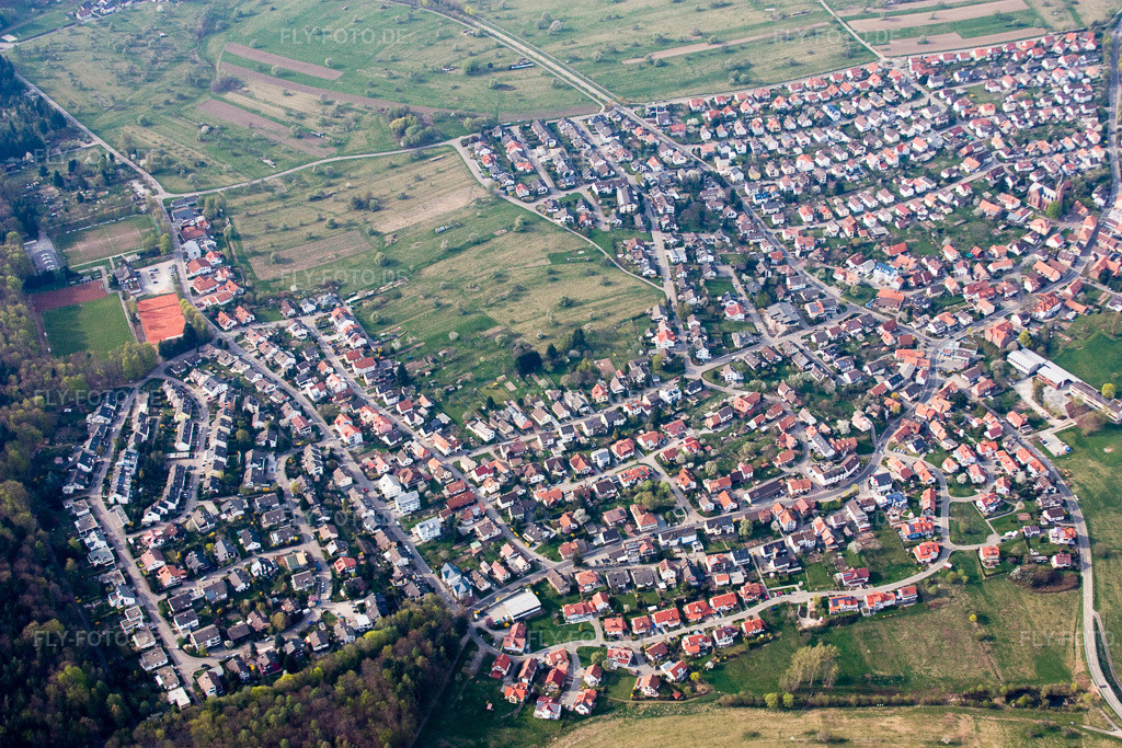 Luftbild: Ortsansicht von Südosten im Ortsteil Schöllbronn in Ettlingen im Bundesland Baden-Württemberg in Deutschland. Foto: IMG_17727.jpg vom 12.04.2009 durch Werner Riehm/FLY-FOTO.de