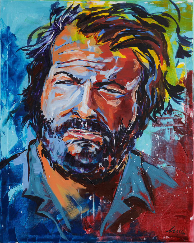 Bud Spencer Portait | Bud Spencer Portait
Acryl auf Leinwand mit Keilrahmen
Stil: poppig modern (Pinsel, Spachtel)
im Original BxH: 60x80 cm - Realisiert mit Pictrs.com