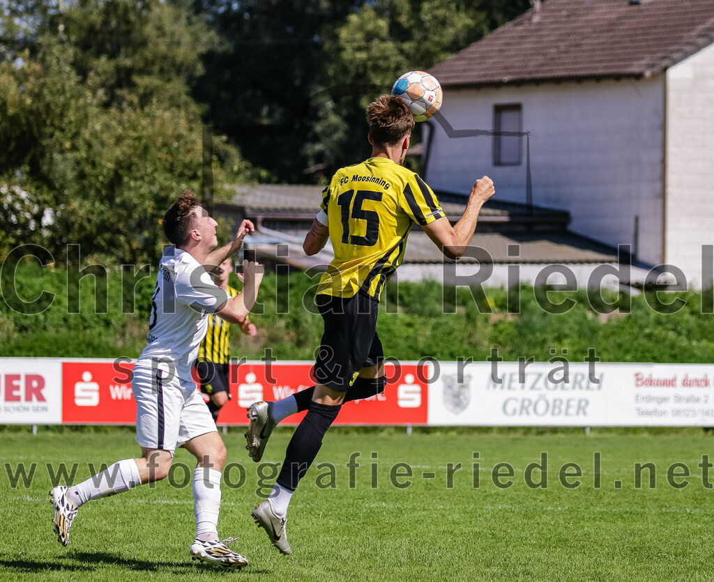 2023-08-19_054_FC_Moosinning_gegen_SV_Reichertsheim | Moosinning, Deutschland, 19.08.2023:
Fußball, Bezirksliga Oberbayern Ost 2023 / 2024, 5. Spieltag, FC Moosinning gegen SV Reichertsheim, Endergebnis: 0:4

Tobias Michel (SV Reichertsheim, #16), Dennis Stauf (FC Moosinning, #15)

Foto: Christian Riedel / fotografie-riedel.net