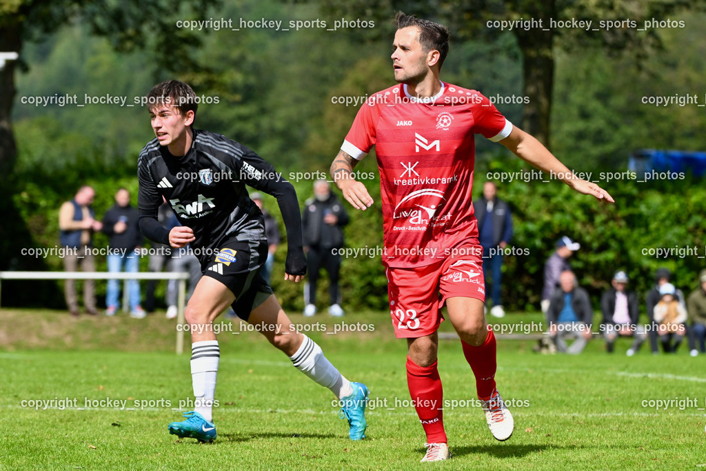 SV Rothentuhurn vs. URC Thal Assling | #10 Julian Moser URC Thal Assling, #23 Marco Moser SV Rothenthurn, SV Rothentuhurn vs. URC Thal Assling, SV Rothentuhurn vs. URC Thal Assling am 15.09.2024 in Rothenthurn (Sportplatz Rothenthurn), Austria, (Photo by Bernd Stefan)