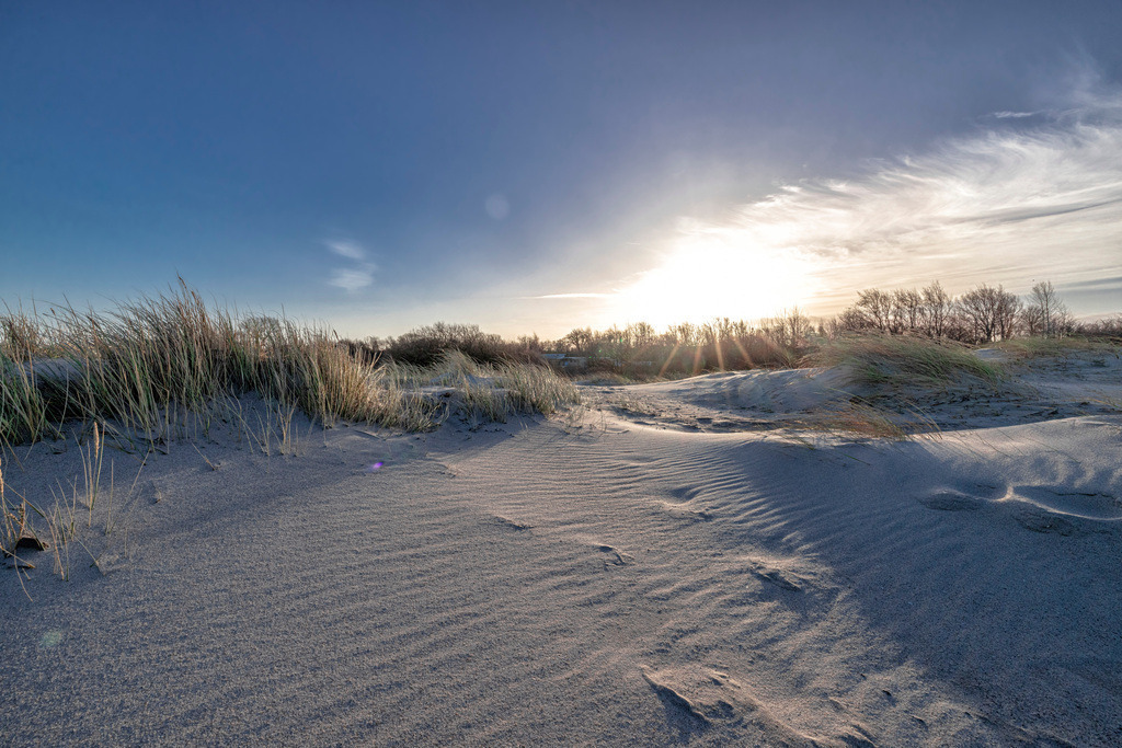 Gegenlicht Aufnahme|Sonne am Sandstrand--------Ostsee | Die tief stehende Sonne wirft lange Schatten in den Sandstrand der Ostsee. - Realisiert mit Pictrs.com