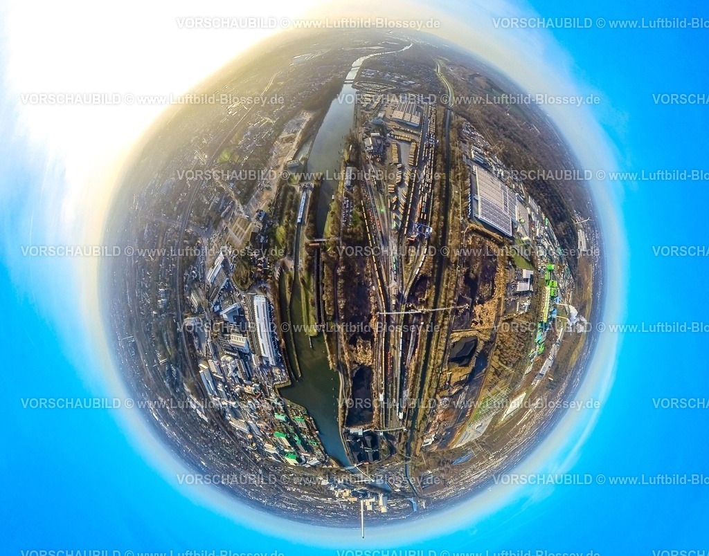 Herne240190092CTH_ContainerTerminalHerne | Luftbild, CTH Container Terminal Herne GmbH Am Westhafen, Rhein-Herne-Kanal und Schleuse Wanne-Eickel, Erdkugel, Fisheye Aufnahme, Fischaugen Aufnahme, 360 Grad Aufnahme, tiny world, little planet, fisheye Bild, Unser Fritz, Herne, Ruhrgebiet, Nordrhein-Westfalen, Deutschland