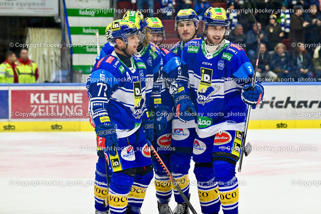 EC IDM Wärmepumpen VSV vs. HC Pustertal | Jubel EC VSV, #72 HUGHES John EC VSV, #8 Rebernig Maximilian EC VSV, #2 MACPHERSON Dylan EC VSV, EC IDM Wärmepumpen VSV vs. HC Pustertal, EC IDM Wärmepumpen VSV vs. HC Pustertal am 15.11.2024 in Villach (Stadthalle Villach), Austria, (Photo by Bernd Stefan)