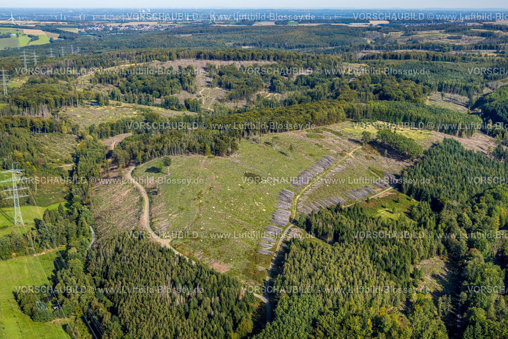Arnsberg230904669 | Luftbild, Waldschäden im Waldgebiet am Hüsten-Delecker-Weg, Holzablage, Hüsten, Arnsberg, Sauerland, Nordrhein-Westfalen, Deutschland