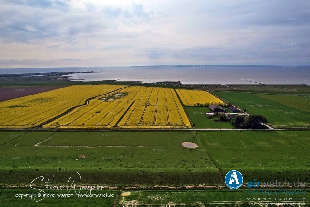 Luftbilder Galmsbuellkoog - Nordfriesland | Luftbilder Galmsbuellkoog - Wasserstand: Der Wasserstand in der Marsch ist sehr hoch, was bedeutete, dass die Deiche auf einem hohen Niveau errichtet werden mussten, um die Überflutungen zu bekämpfen. Dies führte zu einer höheren Bauhöhe der Deiche und einer stärkeren Konstruktion.