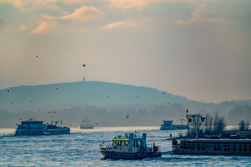 JT-210110 | Frachtschiffe auf dem  Fluss Rhein bei Duisburg-Bruckhausen, Halde Rheinpreußen, Winter, Duisburg, NRW, Deutschland, - Realisiert mit Pictrs.com