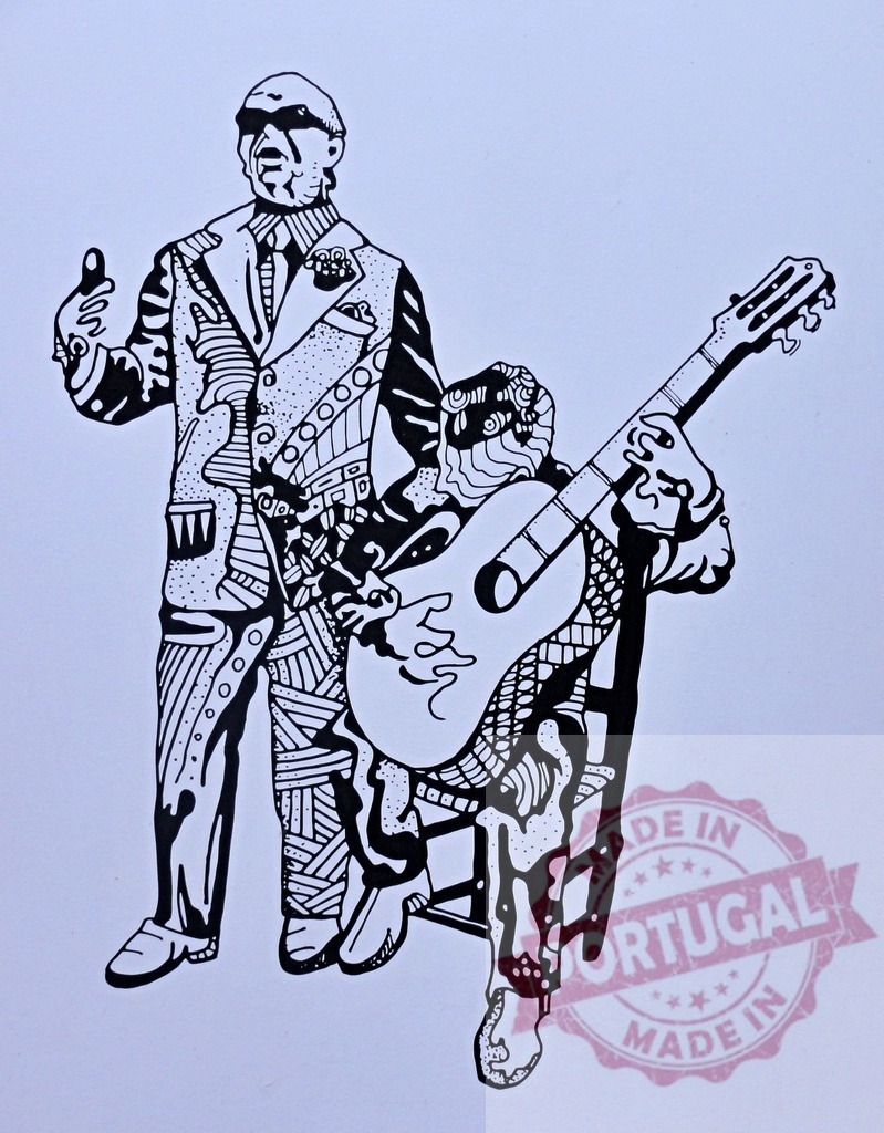 Surreal black and white music performance drawing | Two abstract musicians playing standing and seated with a guitar - Realized with Pictrs.com