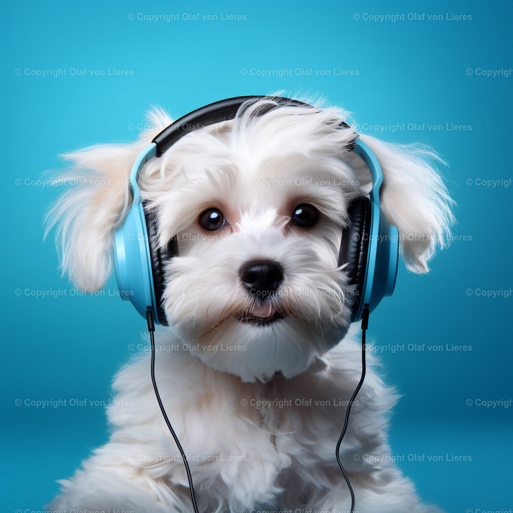Hund mit Kopfhörer  | Yorkshire hört Musik