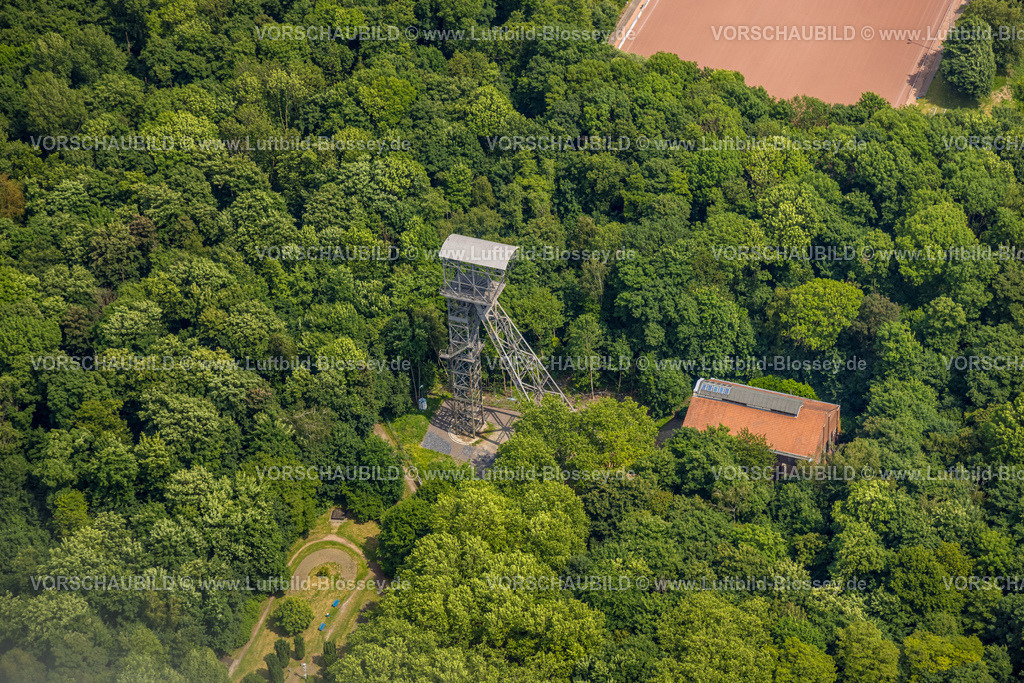 Herne250602242 | Luftbild, KunstWald Teutoburgia mit Förderturm der ehemaligen Zeche Teutoburgia Schacht 1, Börnig, Herne, Ruhrgebiet, Nordrhein-Westfalen, Deutschland