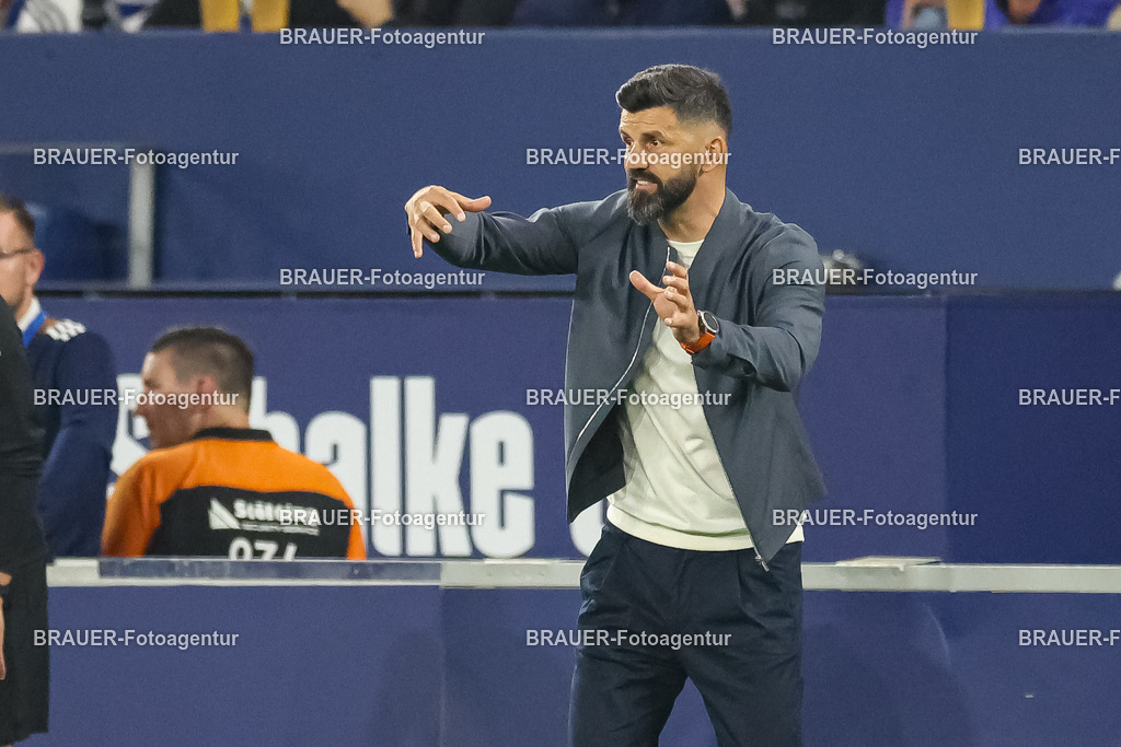1_S04BER_20250801_2508.JPG -  - FC Schalke 04 - Hertha BSC Berlin - 2. Bundesliga | Gelsenkirchen, Deutschland, 01.08.25: Trainer Miron Muslic (FC Schalke 04) gestikuliert, Gestik waehrend des Spiels der 2. Bundesliga zwischen FC Schalke 04 - Hertha BSC Berlin in der Veltins-Arena am 01. August 2025 in Gelsenkirchen, Deutschland. (Foto von Stefan Brauer/Brauer-Fotoagentur)DFB/DFL REGULATIONS PROHIBIT ANY USE OF PHOTOGRAPHS AS IMAGE SEQUENCES AND/OR QUASI-VIDEO.