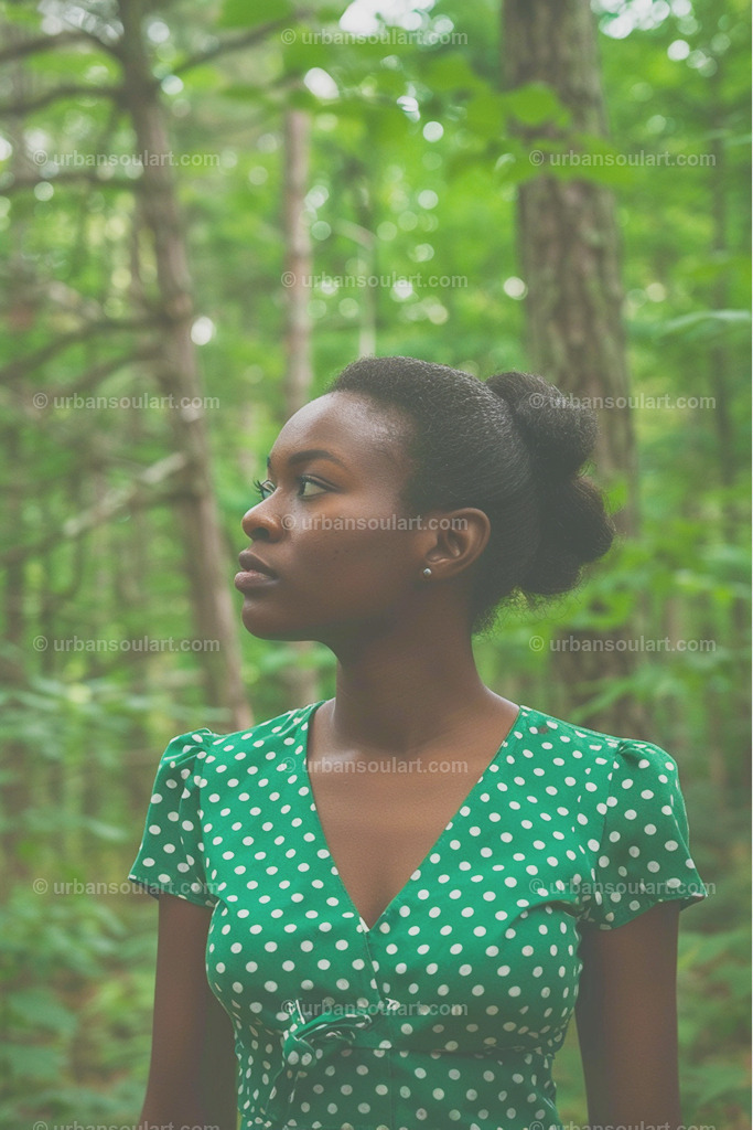 African American Woman In The Forest | A serene and natural portrait of an African American woman in a forest setting, this piece is perfect for nature lovers. With a calming green backdrop, it brings a sense of peace and connection to nature into any space. - Realisiert mit Pictrs.com