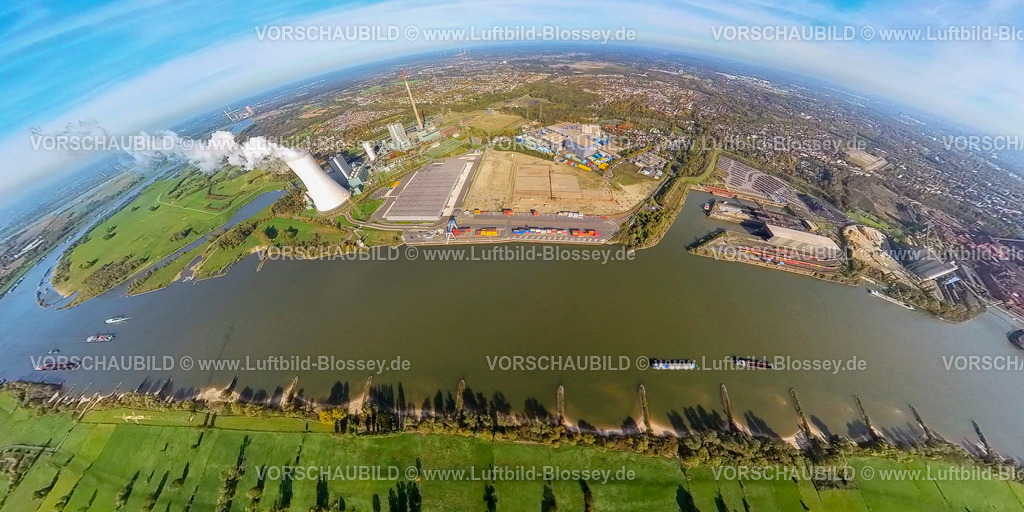 Duisburg20221006_1Logport | Luftbild, Dampfendes STEAG Kraftwerk Walsum und logport VI am Fluss Rhein, Baustelle mit Neubau Logistikunternehmen DSV Halle, Fisheye Aufnahme, Fischaugen Aufnahme, 360 Grad Aufnahme, Alt-Walsum, Duisburg, Fisheyeaufnahme, Ruhrgebiet, Nordrhein-Westfalen, Deutschland