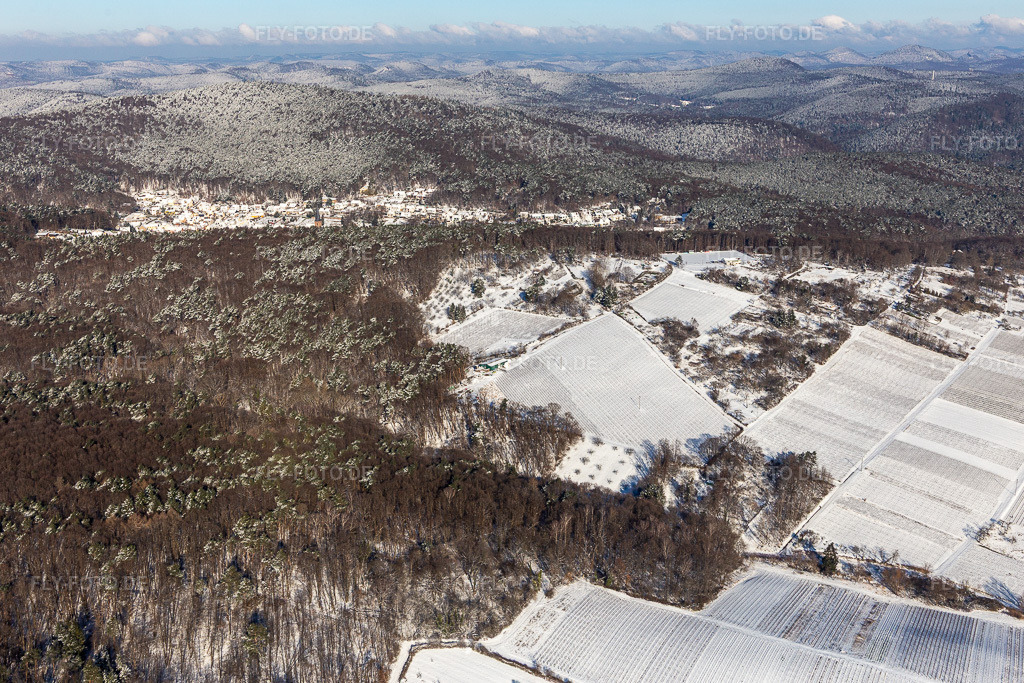 Luftbild: Winterluftbild im Schnee von Gartengrundstücken am Wald in Dörrenbach im Bundesland Rheinland-Pfalz in Deutschland. Foto: IMG_124382.jpg vom 11.02.2021 durch Werner Riehm/FLY-FOTO.de