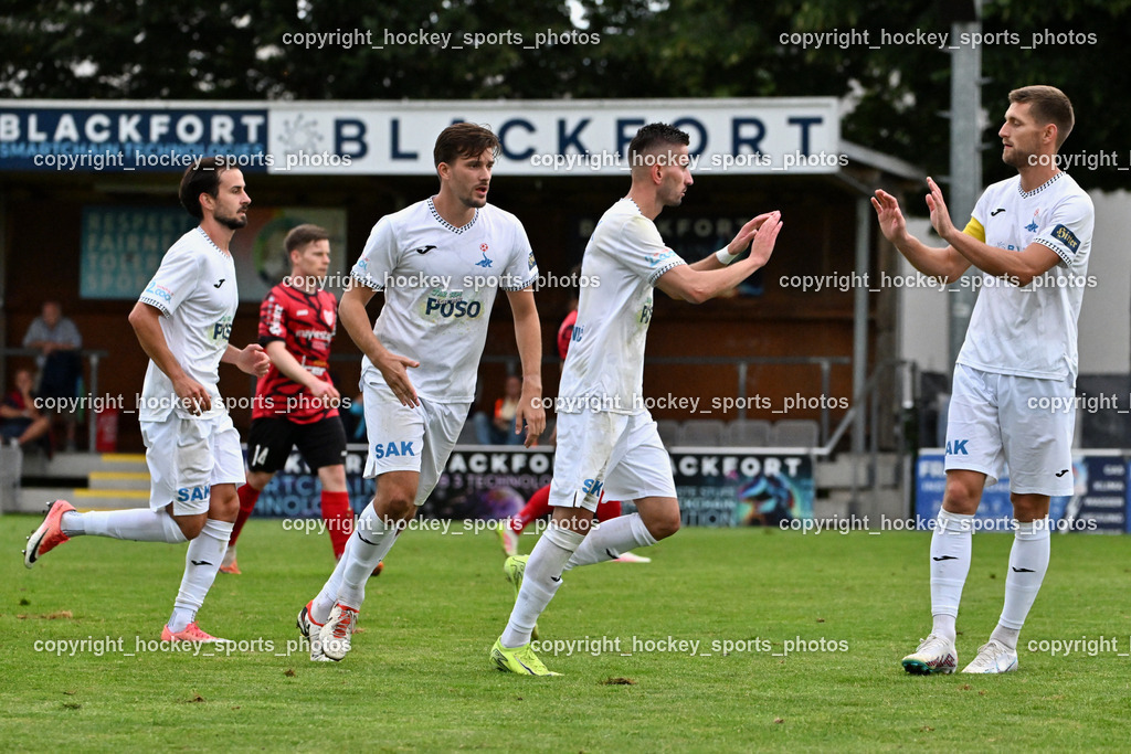 SAK vs. ATUS Ferlach | Jubel SAK Mannschaft, #7 Hrvoje Jakovljevic SAK, #20 Marko Huc SAK, #22 Leo Ejup SAK, #4 Rok Jazbec SAK, SAK vs. ATUS Ferlach, SAK vs. ATUS Ferlach am 01.08.2025 in Klagenfurt (Sportpark Welzenegg), Austria, (Photo by Bernd Stefan)