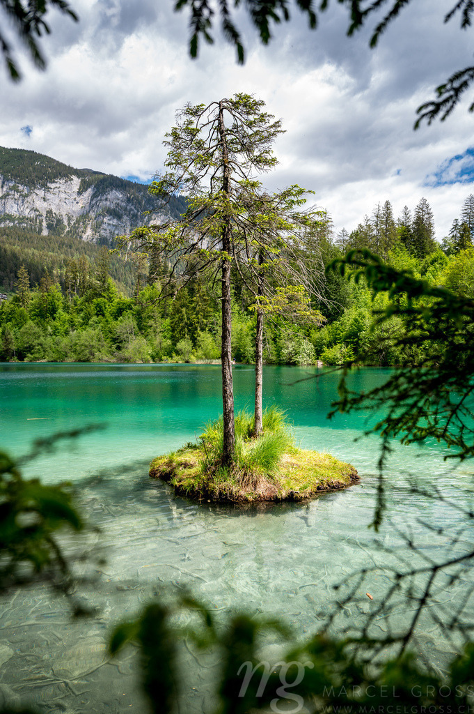 wunderschöne Insel mit Tanne in türkisfarbenem Bergsee | Die ideale Geschenkidee für Naturliebhaber. Naturbilder von Marcel Gross Photography für ihr Zuhause in den verschiedensten Formaten und Materialien. - Realisiert mit Pictrs.com