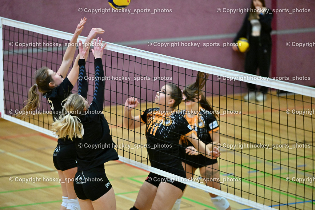 ASKÖ Volley Eagles Villach vs. VC Hausmannstätten | #5 RAUCH Julia VC Hausmannstätten, #10 MAROLD-ORTNER Nicole VC Hausmannstätten, #11 Ilvie HOFER ASKÖ Volley Eagles Villach, ASKÖ Volley Eagles Villach vs. VC Hausmannstätten, ASKÖ Volley Eagles Villach vs. VC Hausmannstätten am 01.02.2025 in Villach (Ballspielhalle Lind), Austria, (Photo by Bernd Stefan)