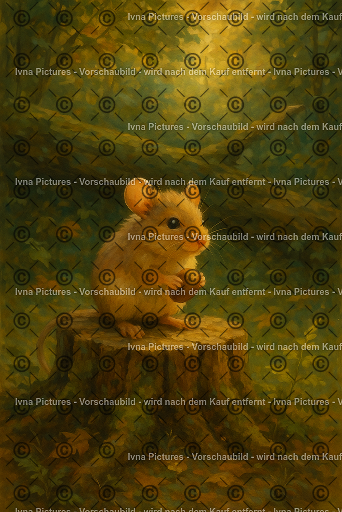 Der kleine Sammler | Auf einem alten Baumstumpf sitzt eine kleine Maus und hält stolz ihre erbeutete Nuss. Im milden Licht des Waldes wird ihr stiller Moment zu einer Hommage an Fleiß, Einfachheit und das Glück im Kleinen. - Realisiert mit Pictrs.com