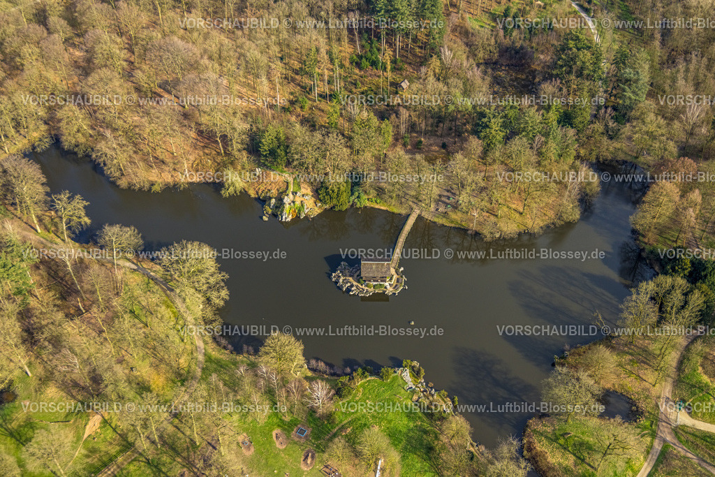 Isselburg240314010 | Luftbild, Wald und See mit Schweizer Häuschen im See, Brücke, BiotopWildpark Anholter Schweiz, Vehlingen, Isselburg, Nordrhein-Westfalen, Deutschland