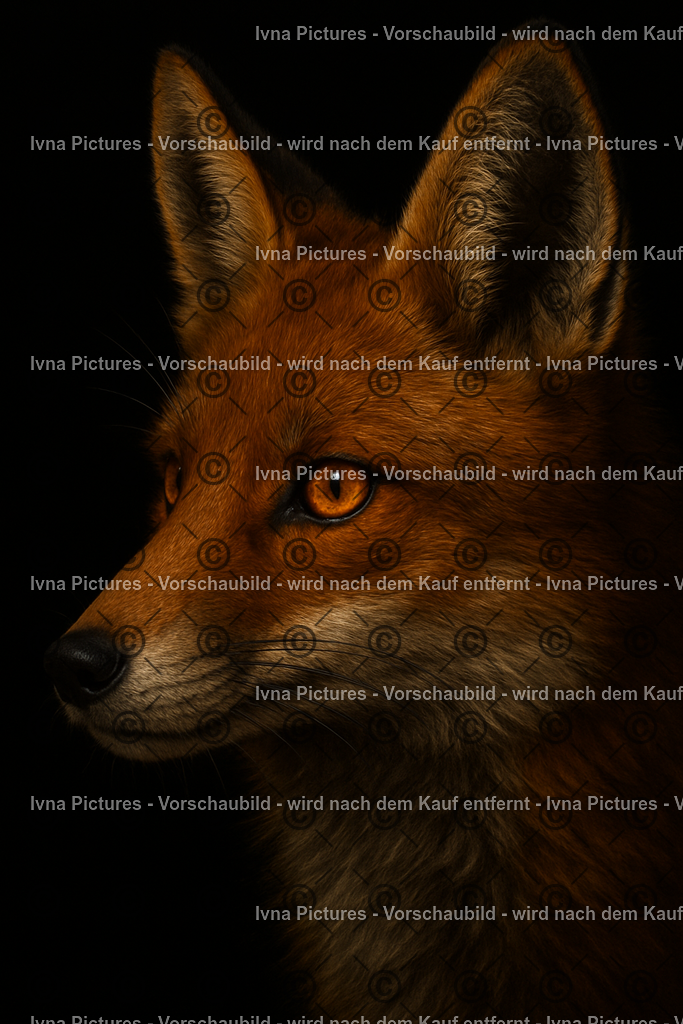 Fuchs im Schatten | Der Kopf und Hals eines Fuchses zeichnen sich klar vor schwarzem Hintergrund ab. Sein dichtes Fell und die leuchtend intensiven Augen verleihen dem Bild eine geheimnisvolle Präsenz und betonen die wilde Eleganz dieses Tieres. - Realisiert mit Pictrs.com