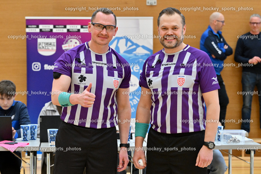 FBK Loka vs. VSV Unihockey | Artem Zolotar Referee, Igor Ivanchenko Referee, FBK Loka vs. VSV Unihockey, FBK Loka vs. VSV Unihockey am 23.03.2025 in Villach (Ballspielhalle St. Martin), Austria, (Photo by Bernd Stefan)