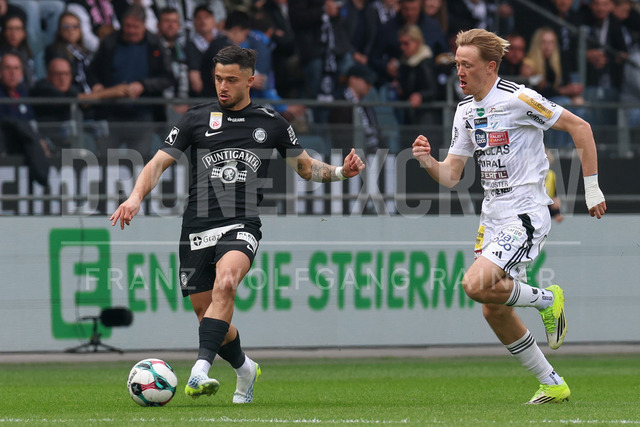 SK Puntigamer Sturm Graz vs TSV Egger Glas Hartberg – Championship Group    | Graz, Austria, 12.Apr.26 - SOCCER - ADMIRAL Bundesliga, SK Puntigamer Sturm Graz vs TSV Egger Glas Hartberg. The image shows Jusuf Gazibegovic (STU) and Benjamin Markus (Hartberg).    
