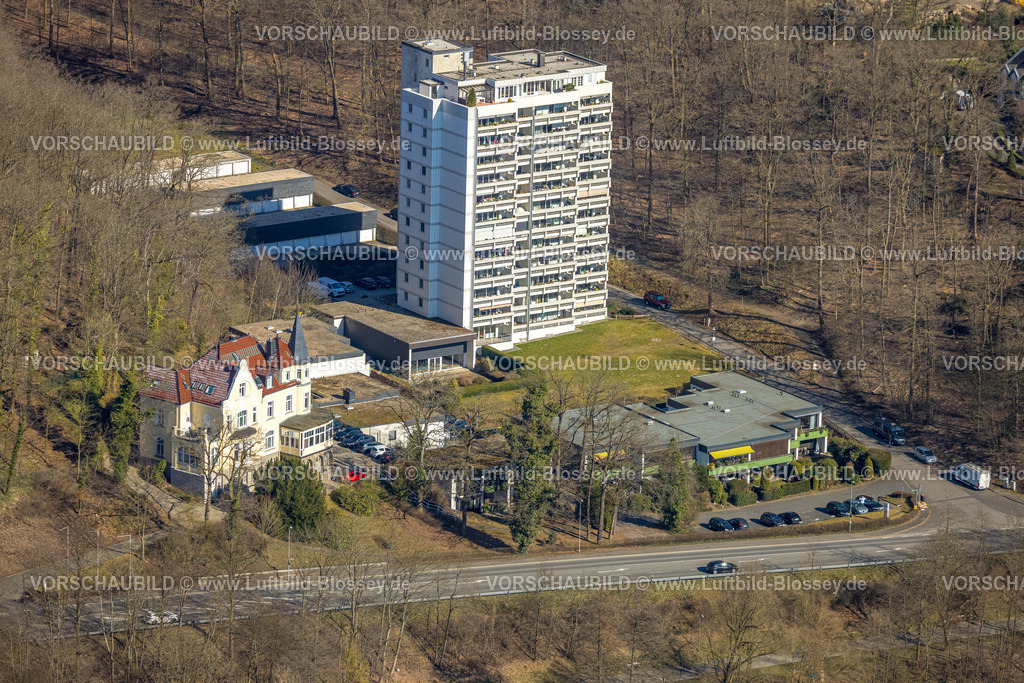 Olpe250308153LovelyBiggesee | Luftbild, Hochhaus In der Wüste, links das Biggeschlösschen, Olpe-Stadt, Olpe, Sauerland, Nordrhein-Westfalen, Deutschland