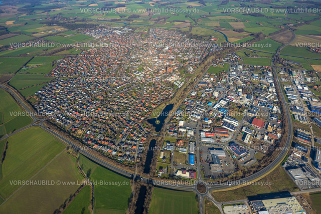 Olfen230206381 | Luftbild, City Stadtansicht, Hafenbecken, Gewerbegebiet Hafen an der Bundesstraße B235, Olfen-Stadt, Olfen, Münsterland, Nordrhein-Westfalen, Deutschland