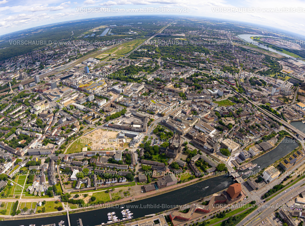 Duisburg240705245-Mitte | Luftbild, Stadtzentrum Mitte, Innenstadt, City, Mercator Quartier und Rathaus, Königstraße mit Blick zum Hauptbahnhof Hbf, Erdkugel, Fisheye Aufnahme, Fischaugen Aufnahme, 360 Grad Aufnahme, tiny world, little planet, fisheye Bild, Stadtzentrum Mitte, Innenstadt, City, Mercator Quartier, Duisburg, Ruhrgebiet, Nordrhein-Westfalen, Deutschland