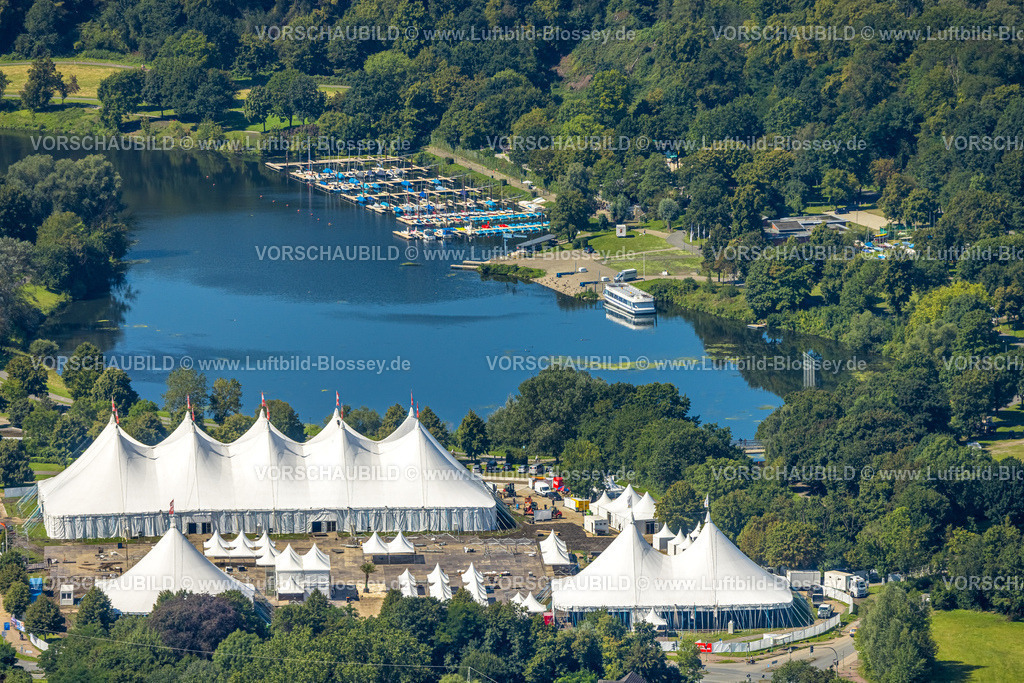 Witten230800658 | Luftbild, Aufbau der Zeltstadt zum ZFR Zeltfestival Ruhr am Kemnader See, Hafen Kemnade, Heven, Witten, Ruhrgebiet, Nordrhein-Westfalen, Deutschland
