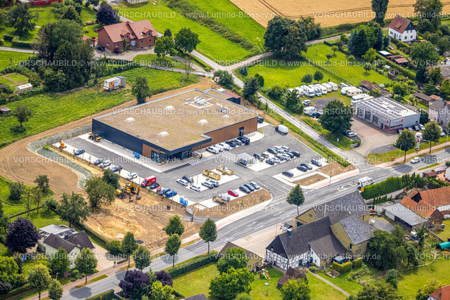 Werl240711654 | Luftbild, Baustelle mit Neubau Edeka Heder Supermarkt, Röttger Autowerkstatt und Wohnmobil Stellplatz, Westbüderich, Werl, Soester Börde, Nordrhein-Westfalen, Deutschland