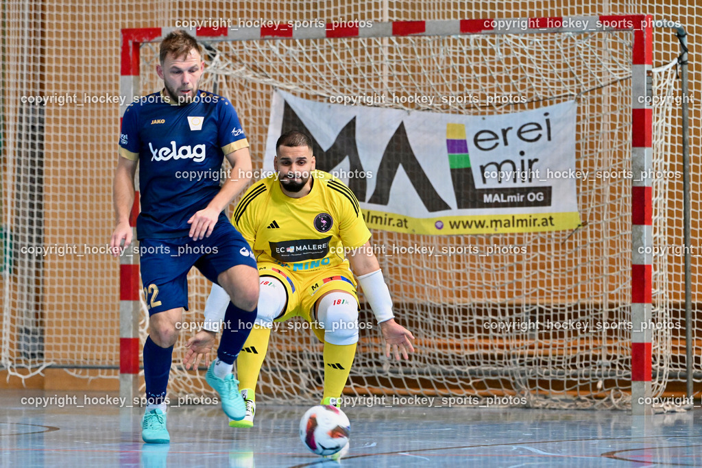 Carinthia Flamengo Futsal Club vs. Futsal Klagenfurt | #22 Mihael Grigic Futsal Klagenfurt, #1 Youssef Helal Carinthia Flamengo, Carinthia Flamengo Futsal Club vs. Futsal Klagenfurt, Carinthia Flamengo Futsal Club vs. Futsal Klagenfurt am 01.12.2024 in Klagenfurt (Ballspielhalle Viktring), Austria, (Photo by Bernd Stefan)