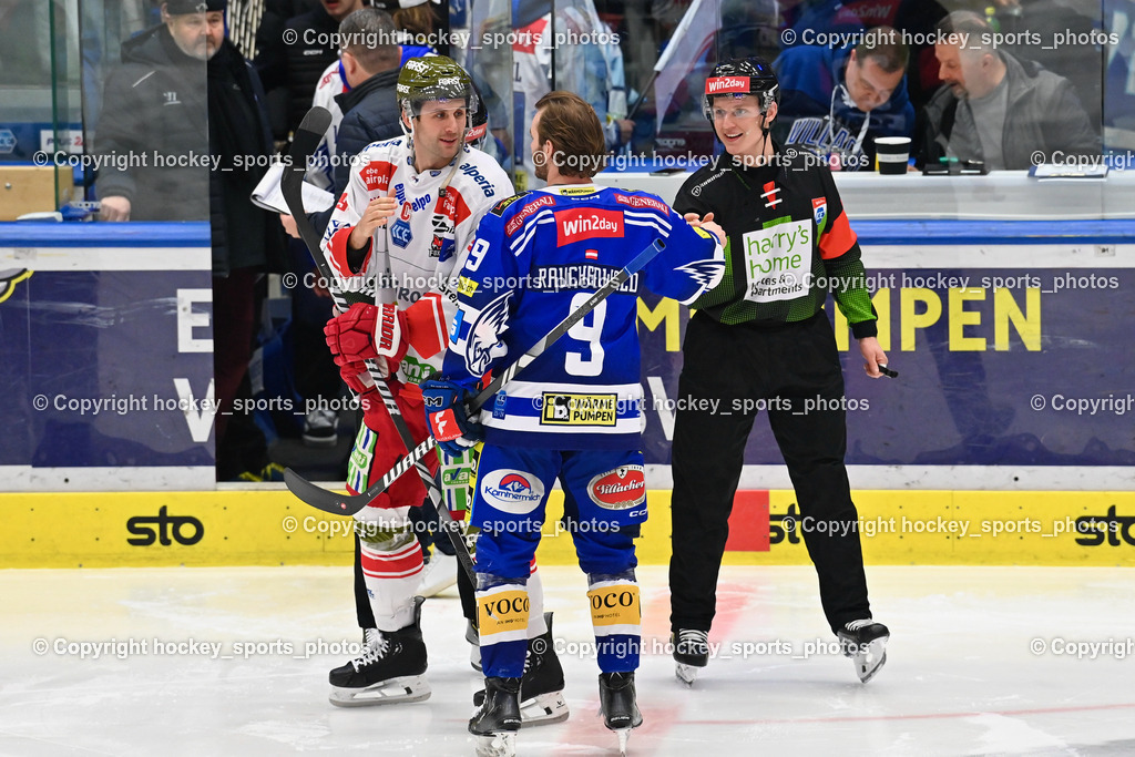 EC VSV vs. HC Bozen 16.2.2024 | #9 RAUCHENWALD Alexander, #94 Frank Daniel, Huber Andreas Referee,EC VSV vs. HC Bozen 16.2.2024, EC VSV vs. HC Bozen 16.2.2024 am 16.02.2024 in Villach (Stadthalle Villach), Austria, (Photo by Bernd Stefan)