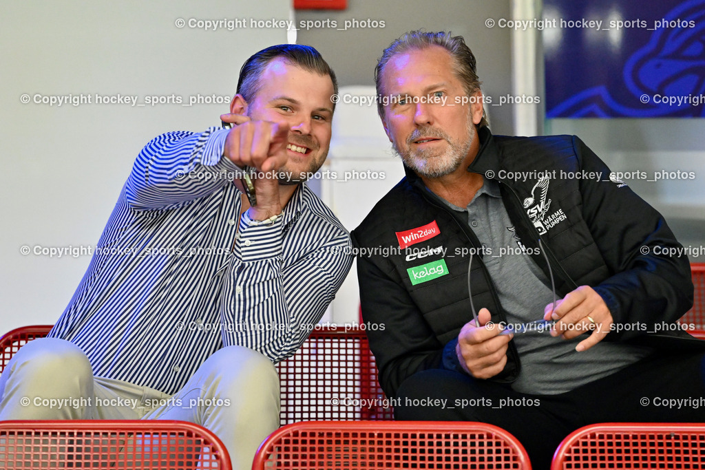 EC IDM Wärmepumpen VSV vs. HDD Jesenice | Team Manager EC VSV Napokoj Andreas, Headcoach EC VSV Tuomie Tray, EC IDM Wärmepumpen VSV vs. HDD Jesenice, EC IDM Wärmepumpen VSV vs. HDD Jesenice am 08.09.2024 in Villach (Stadthalle Villach), Austria, (Photo by Bernd Stefan)