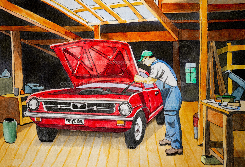 Aquarell Werkstatt D | Aquarell auf Aquarellpapier zeigt einen Automechaniker in einer Werkstatt, der einen roten Oldtimer repariert. Im Stil der amerikanischen 50er Jahre.