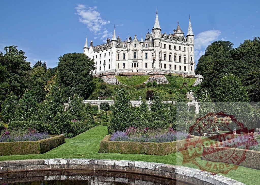 Dunrobin Castle and gardens in summer, Scottish Highlands | Dunrobin Castle, historic landmark, standing above its formal French gardens and water fountain - Realized with Pictrs.com